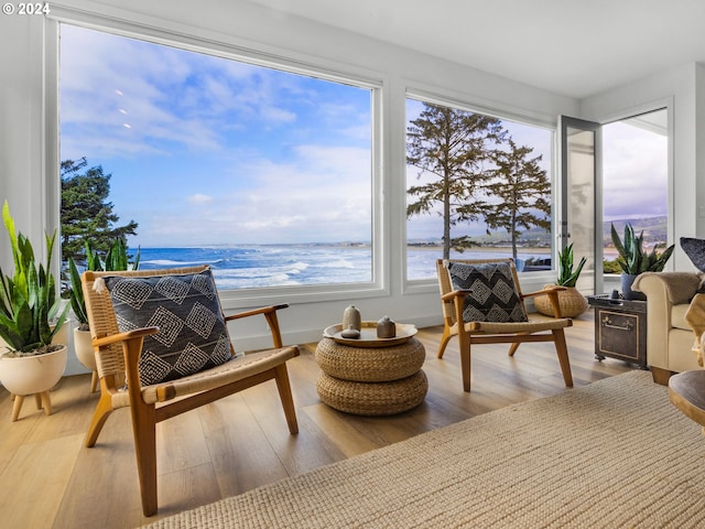 sitting room featuring a healthy amount of sunlight, a water view, and hardwood / wood-style floors