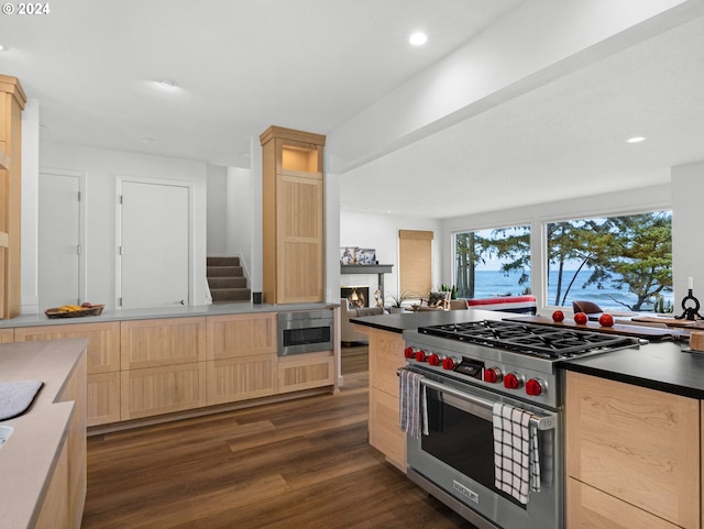 kitchen with light brown cabinets, dark wood-type flooring, and stainless steel appliances