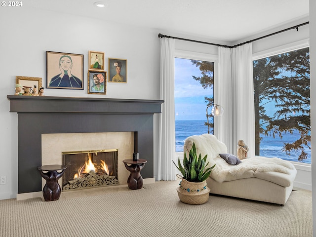 sitting room with carpet, a water view, and a premium fireplace