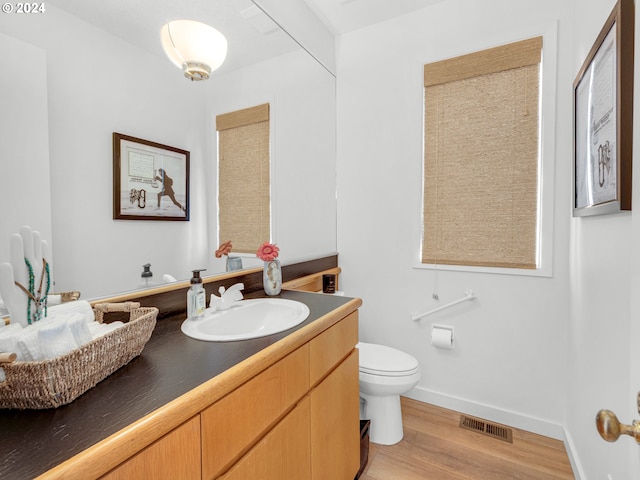 bathroom with wood-type flooring, vanity, and toilet