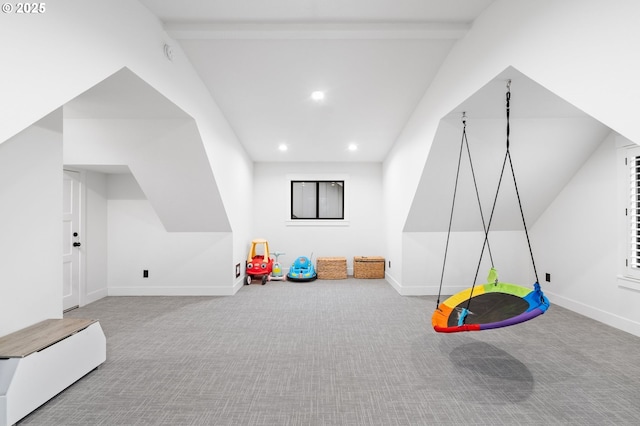 recreation room with recessed lighting, baseboards, lofted ceiling, and carpet