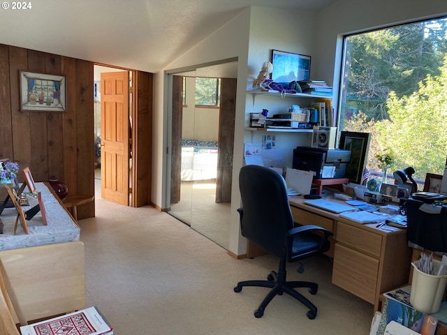 carpeted office with wooden walls and lofted ceiling