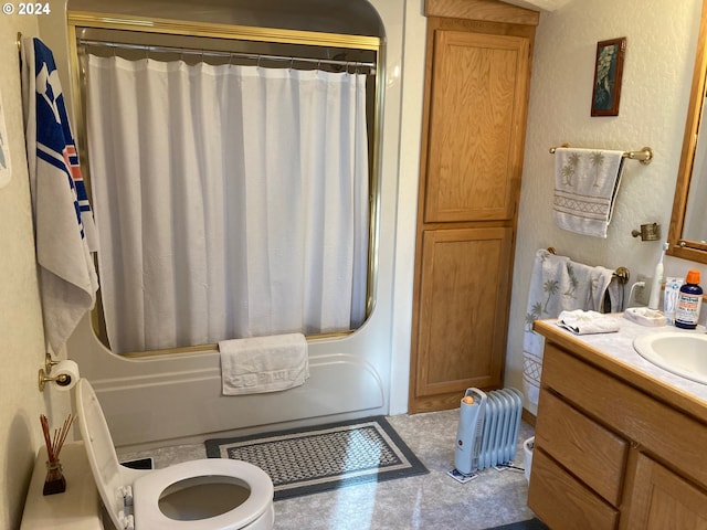 full bathroom with tile patterned flooring, vanity, shower / tub combo with curtain, and toilet