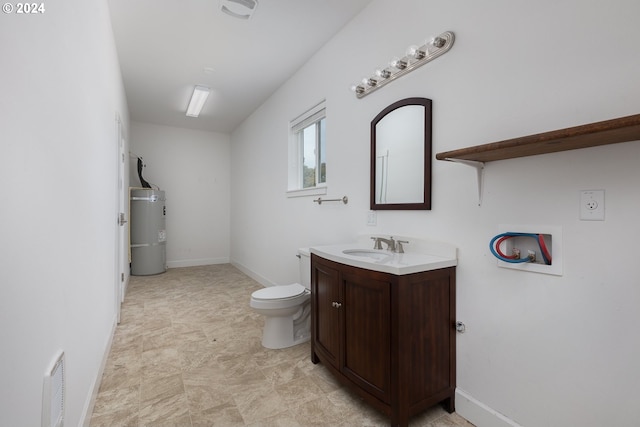 bathroom featuring vanity, toilet, and secured water heater