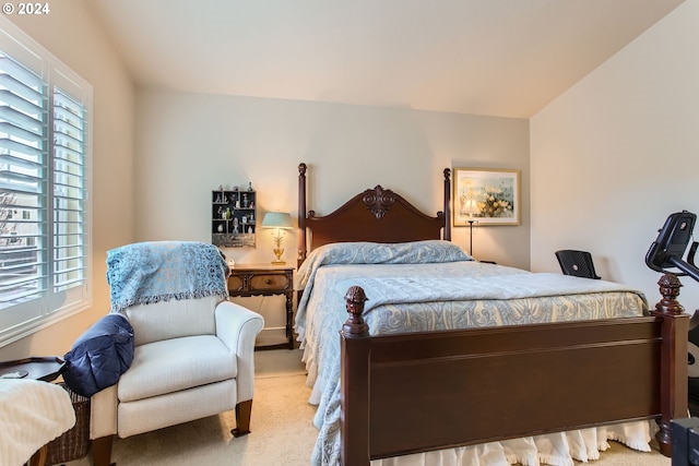 bedroom with light colored carpet