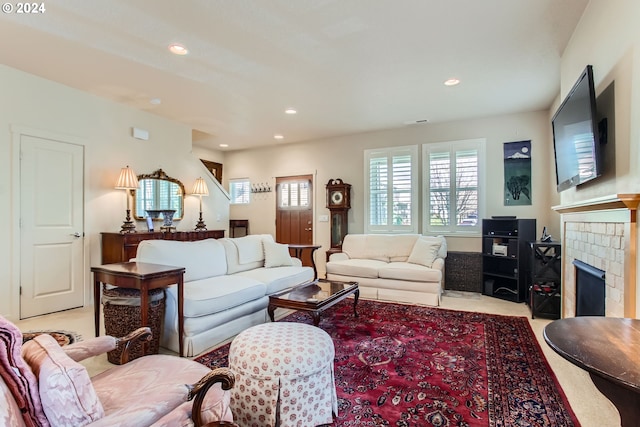 living room featuring light carpet