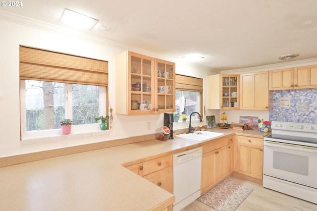 kitchen featuring sink, light brown cabinets, white appliances, and ornamental molding