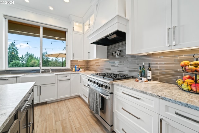 kitchen featuring decorative backsplash, sink, stainless steel range, custom range hood, and white cabinets