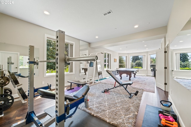 exercise area with french doors and dark hardwood / wood-style floors