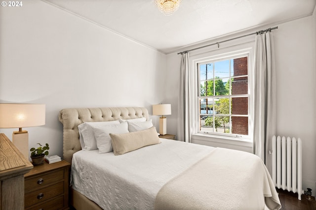 bedroom with multiple windows, radiator, and dark wood-type flooring