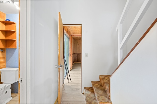 stairway with hardwood / wood-style floors