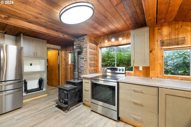 kitchen with a wood stove, stainless steel appliances, wooden ceiling, light hardwood / wood-style floors, and wooden walls