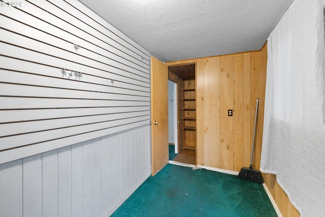 interior space with wood walls, dark carpet, and a textured ceiling