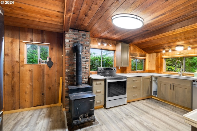 kitchen featuring a wood stove, sink, wooden walls, electric range, and wood ceiling