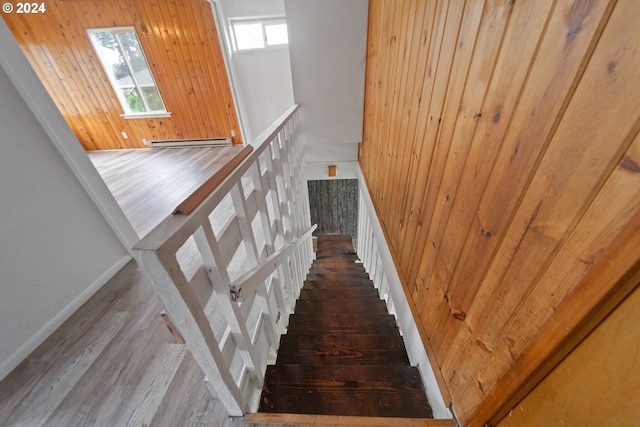 stairway with hardwood / wood-style floors and wooden walls