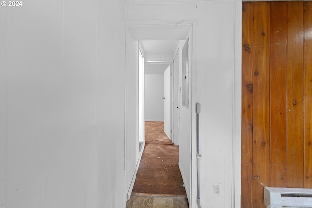 1381 Central Ave, Coos Bay, OR 97420 - hallway with wood finished floors, wood walls, and attic access