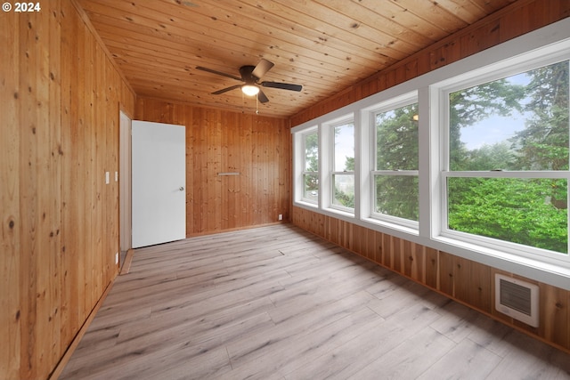 unfurnished sunroom featuring wooden ceiling and ceiling fan