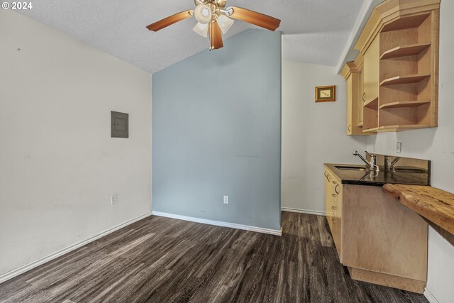 kitchen featuring lofted ceiling, a textured ceiling, dark hardwood / wood-style floors, and ceiling fan