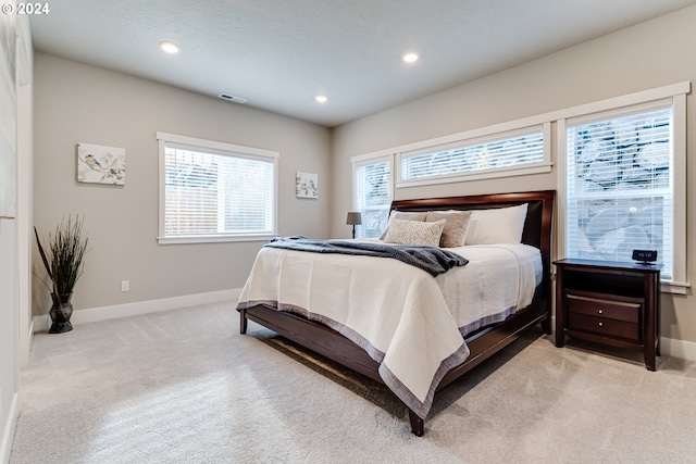 bedroom featuring multiple windows and light colored carpet