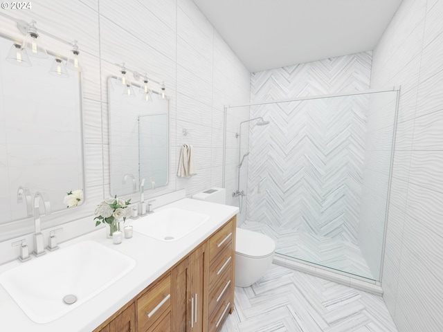 bathroom with tile walls, vanity, toilet, and walk in shower