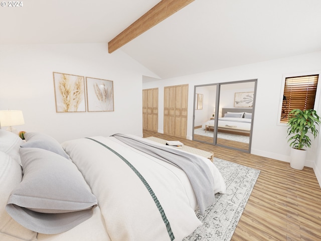 bedroom featuring vaulted ceiling with beams and hardwood / wood-style flooring