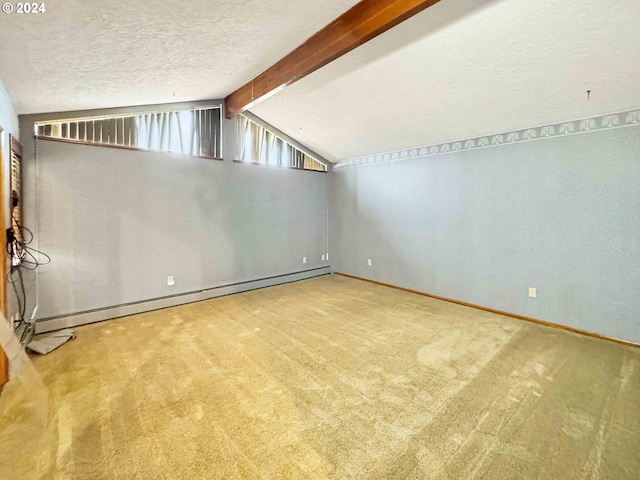 interior space with a textured ceiling, a baseboard radiator, and carpet floors