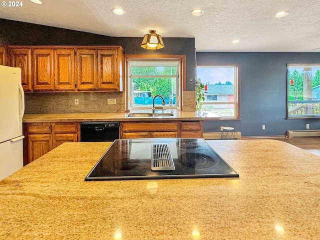 kitchen featuring backsplash, sink, black appliances, vaulted ceiling, and a textured ceiling