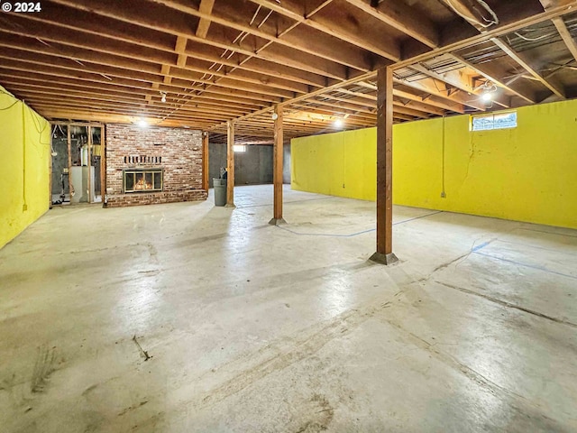 basement featuring a fireplace