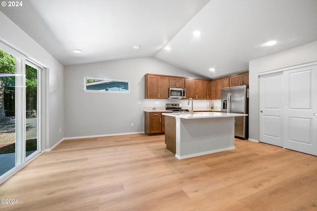 kitchen with light countertops, a healthy amount of sunlight, light wood-style floors, and stainless steel appliances