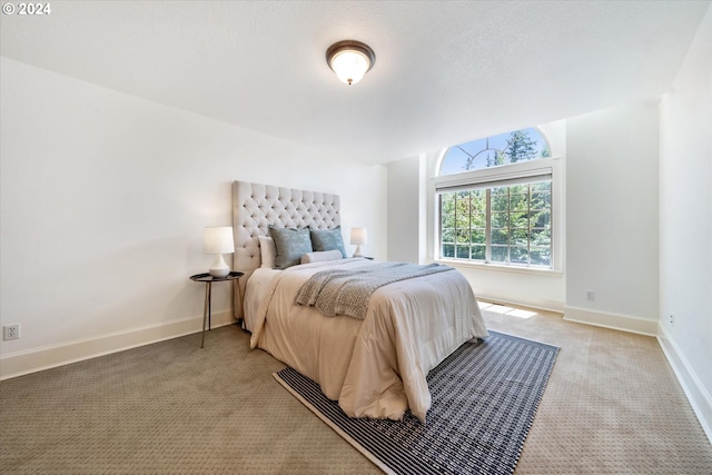 bedroom featuring carpet, baseboards, and a textured ceiling