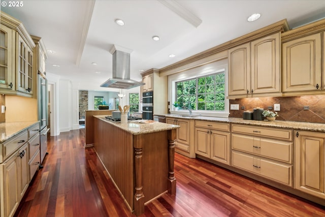 kitchen with glass insert cabinets, island exhaust hood, light stone counters, and a sink