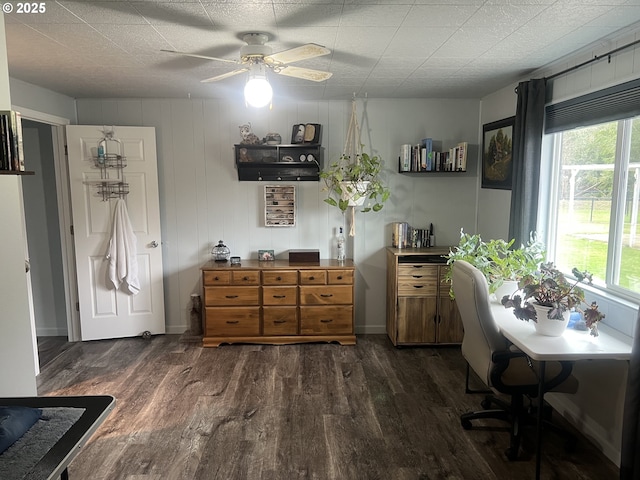 office area featuring dark hardwood / wood-style floors and ceiling fan