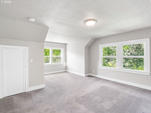 bonus room featuring light carpet and a textured ceiling