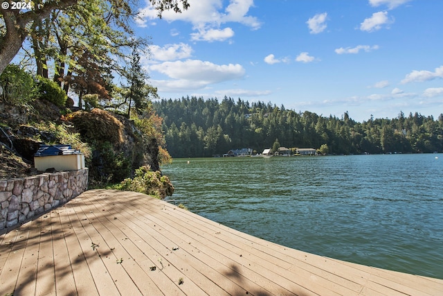 view of dock featuring a water view and a view of trees