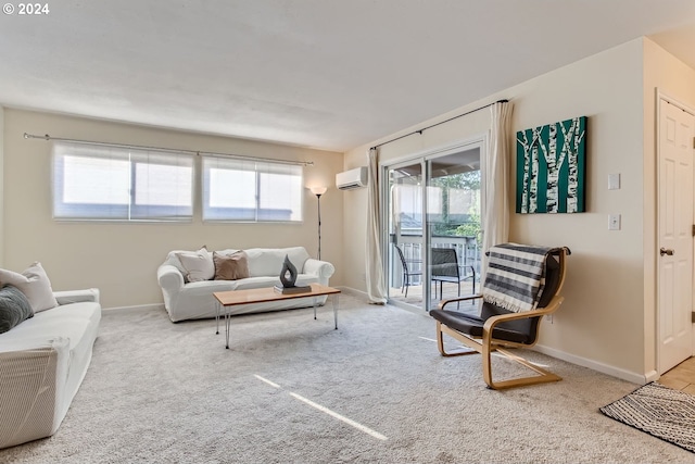 carpeted living room with a wall mounted air conditioner