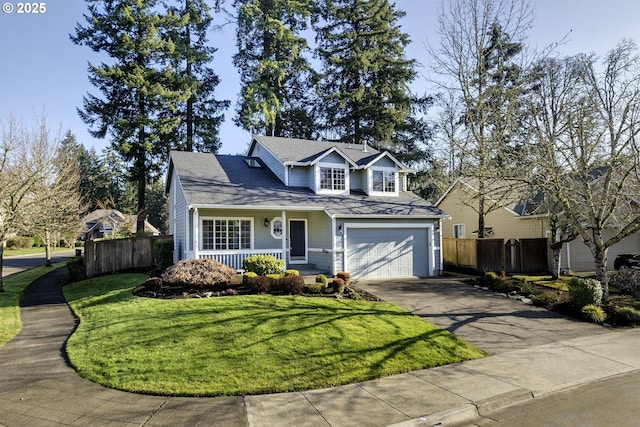 front facade with a front yard, covered porch, and a garage