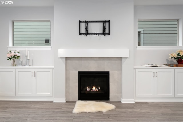 details featuring wood-type flooring and a tile fireplace