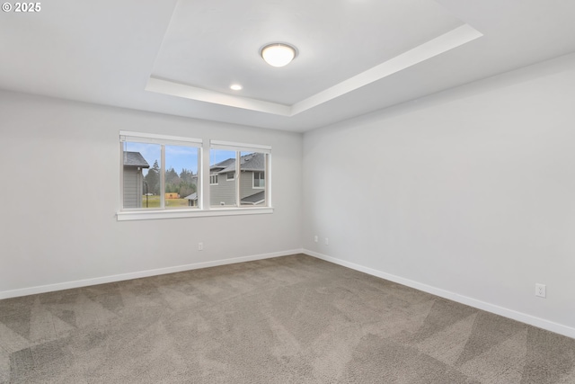 unfurnished room with a raised ceiling and carpet floors