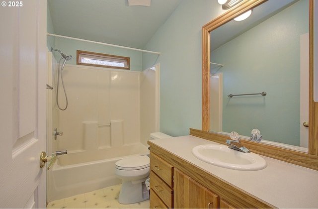 full bathroom with vaulted ceiling,  shower combination, vanity, and toilet