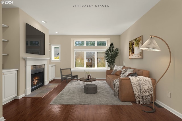 living room featuring a fireplace and dark wood-type flooring