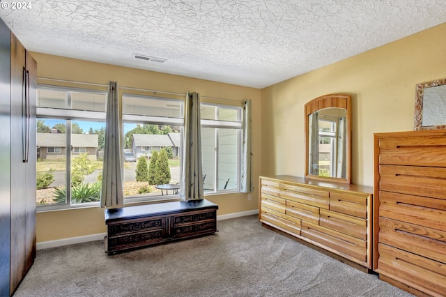 living area with carpet and a textured ceiling