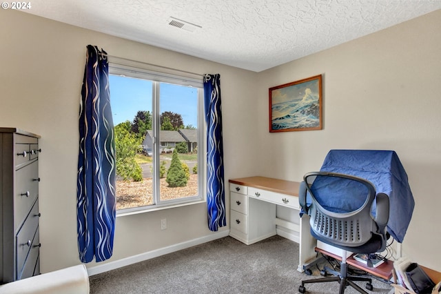 office space featuring carpet and a textured ceiling