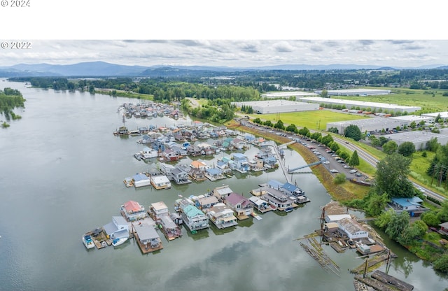 drone / aerial view featuring a water and mountain view