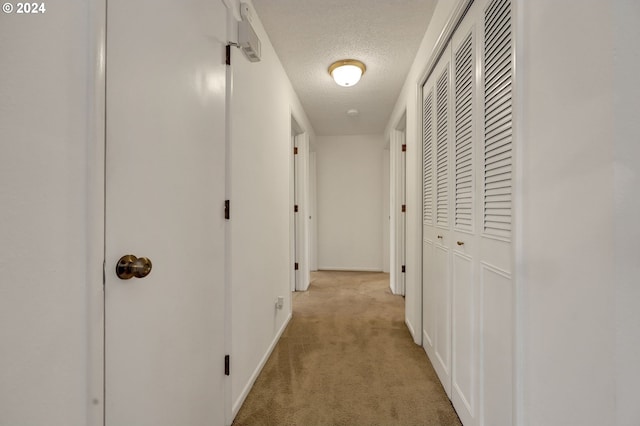 hall featuring light colored carpet and a textured ceiling