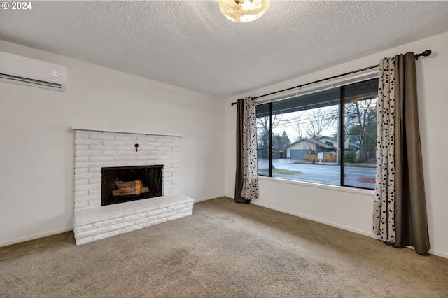 unfurnished living room with carpet, a wall mounted air conditioner, a textured ceiling, and a fireplace