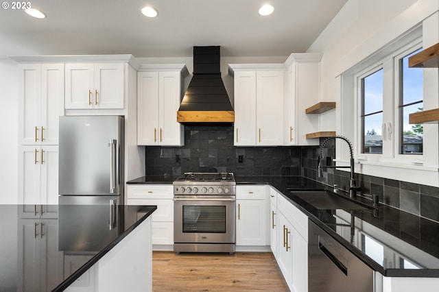 kitchen with white cabinetry, sink, high quality appliances, decorative backsplash, and custom exhaust hood