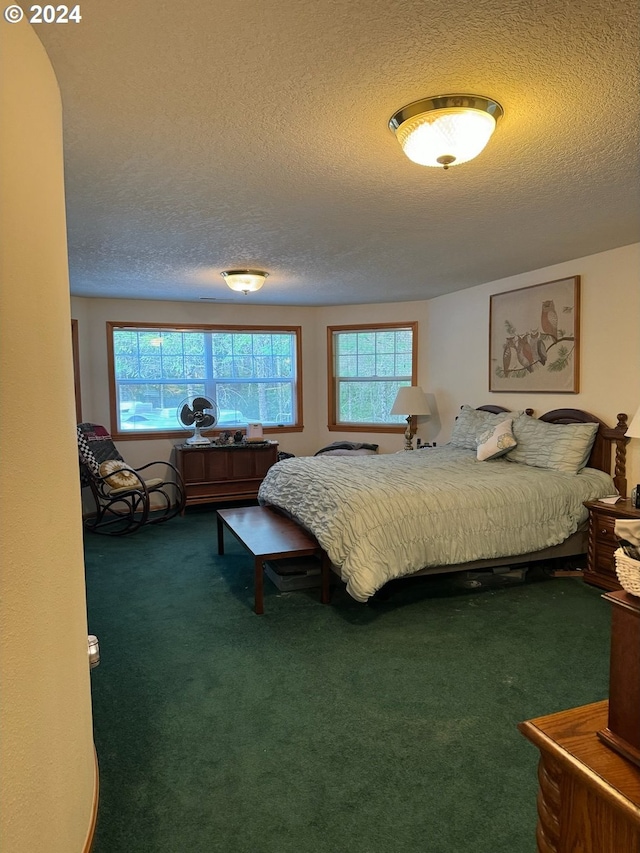 carpeted bedroom featuring a textured ceiling and multiple windows