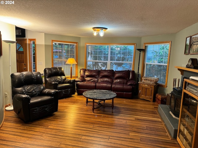 living room featuring a textured ceiling and wood-type flooring