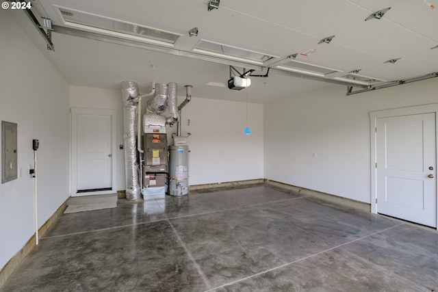 garage featuring a garage door opener, electric panel, and gas water heater