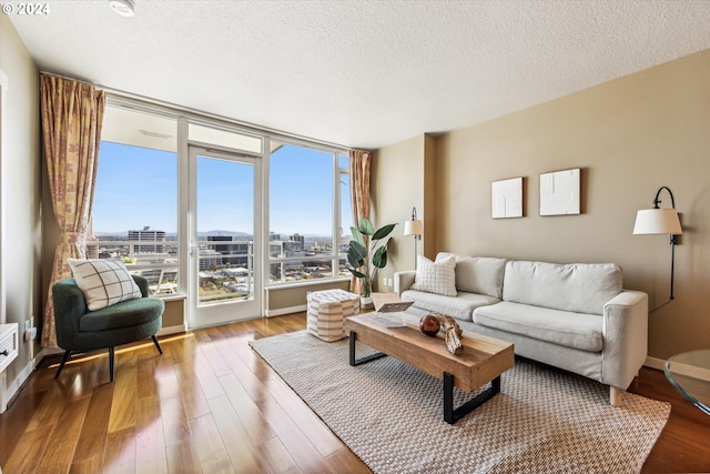 living room featuring hardwood / wood-style flooring and a textured ceiling